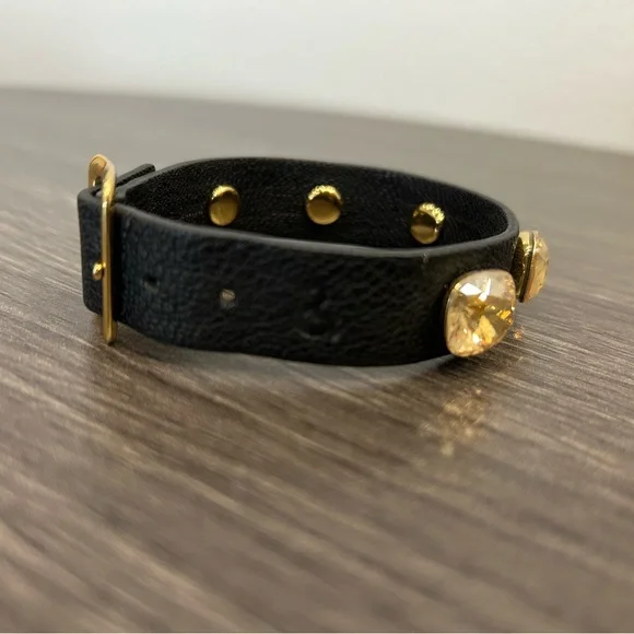 Swarovski Yellow Amber Crystal Genuine Black Leather Gold Buckle Bracelet - Picture 5 of 6